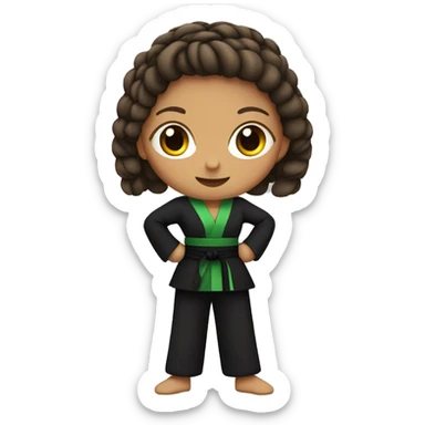 Girl with a wearing a black martial arts suit with a green belt and a brown braid sticker