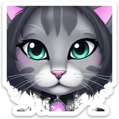 Gorgeous sparkly epic gradient gothic dark techwear anime style anthro cat with blushing face aesthetic and pretty edgy black with collar and harness trending style sticker