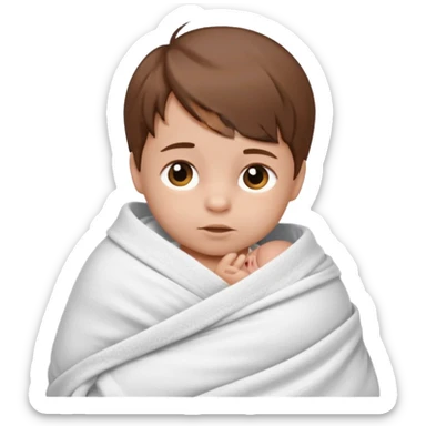 A new born baby boy wrapped in a swaddle with brown hair sticker