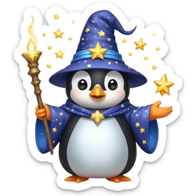 cute penguin wizard casting a sparkling spell wearing a starry robe and hat sticker