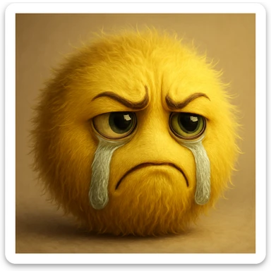 a furry yellow ball with a face, displaying both sadness and jealousy, with fur-textured tears and lifelike emotion sticker