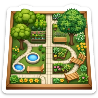 Icon for Landscape Design: a garden layout with trees, plants, pathways, and outdoor furniture, along with design tools like a ruler, pencil and sketchpad. The icon should represent the creativity and planning behind landscape design. Transparent background. sticker