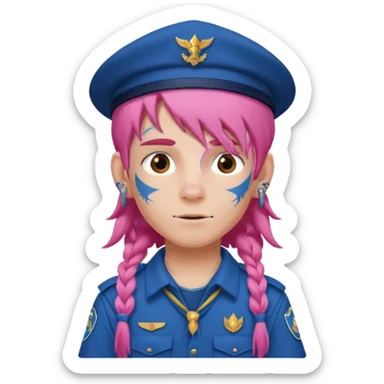 scout boy long hair face tatooes pink haired, wearing blue uniform with hat sticker