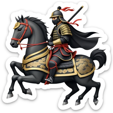clash-of-clans-aesthetic_-cinematic-fearsome-and-majestic-samurai-bust-portrait-emoji, rendered in a flat, vector-style with minimal shading and bold, simplified shapes typical of emoji art, depicting a battle-hardened samurai with black mask and traditional black Japanese armor. The samurai is riding a noble grey warhorse adorned with an intricately designed saddle and fluttering banners and a rising sun. a zoomed in samurai riding on a  horse sticker
