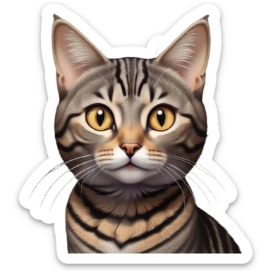 Cinematic Cute Grey and Black Brown Tabby Cat Portrait Emoji, Head tilted playfully and inquisitively, sleek grey-brown fur with bold black tabby stripes and a distinctive M-shaped marking on the forehead, sparkling amber eyes, Simplified yet irresistibly adorable features, highly detailed, glowing with a warm, friendly glow, high shine, affectionate and curious, stylized with a touch of whimsy, bright and endearing, soft glowing outline, capturing the essence of a mischievous yet loving kitten, so playful it feels like it could pounce out of the screen and into your arms! sticker