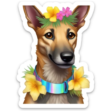  brindle brown black maroon striped lurcher Alsatian fox running blue eyes and iridescent holographic oilslick harness wearing paper iridescent tropical flower crown yellow caution tape sticker
