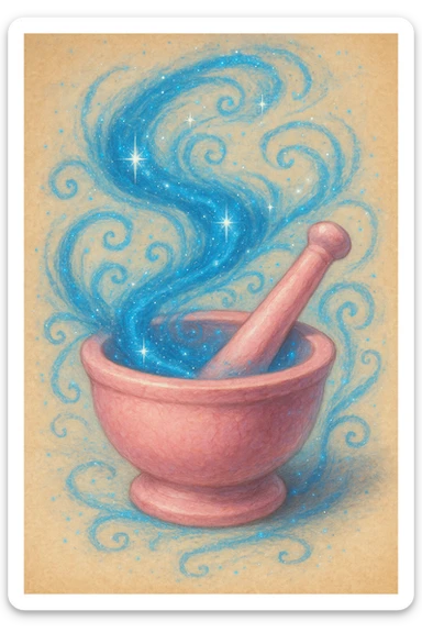 a pink pestle and mortar with blue fairy dust swirling around, whimsical and magical, no text sticker