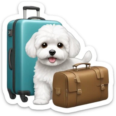 a white maltipoo with a luggage next to him sticker
