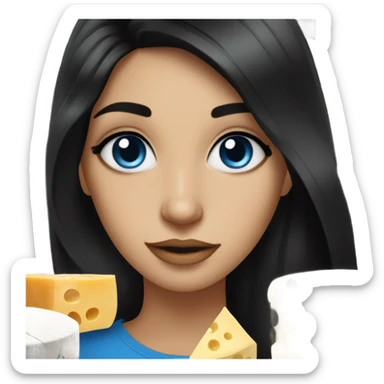 stunning blue eyed brunette girl with black hair surrounded by cheese sticker