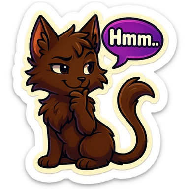 a dark-brown fluffy cute kawaii anthropomorphic furry anime cat-furry with tufted ears and a long thin tufted tail, thinking, smirking thoughtfully, saying “Hmm..” with a purple speech bubble, (cartoon style) (cute anime style) (furry style) (deviantArt style) (artist style: Kamirah) sticker