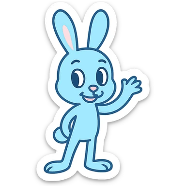 A skinny blue pastel bunny waving, cute, smiling, friendly, with no background. Remove the background to isolate the subject. sticker