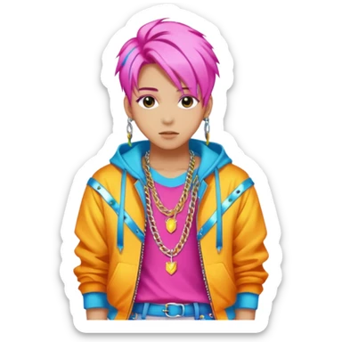 portrait of young idol in Kpop style, wearing flashy streetwear outfit, colorful dyed hair, confident pose, accessorized with chains  sticker