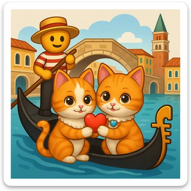 Add a gondola in Venice to the scene with the happy cat proposal. The original style is emoji style with a transparent background. Please keep the background transparent if possible and maintain the emoji style look. sticker