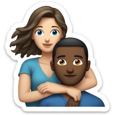 Couple embracing with arms around each other; white woman with blue eyes and brown hair, Indian man with black hair  sticker