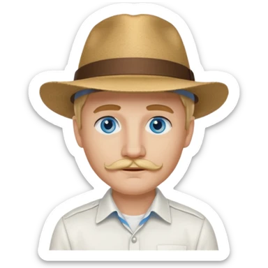 Justin Jeffre blue eyes, blonde hair and brown mustache, white shirt and hat sticker