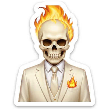aesthetic shiny glowing divine lighting - Megadeth icon - a politician in an ivory ethereal suit wears a white tie, has a skull instead of a head, and instead of glasses, burns in fire sticker