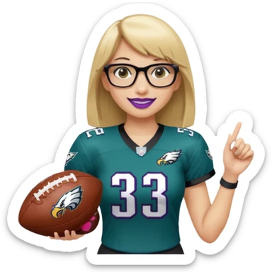 full length women wearing eagles uniform, medium blonde hair, straight across bangs, black glasses, holding football, number 33, smiling, purple lipstick sticker