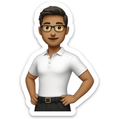 college student wearing white polo shirt and black pants with eyeglass sticker