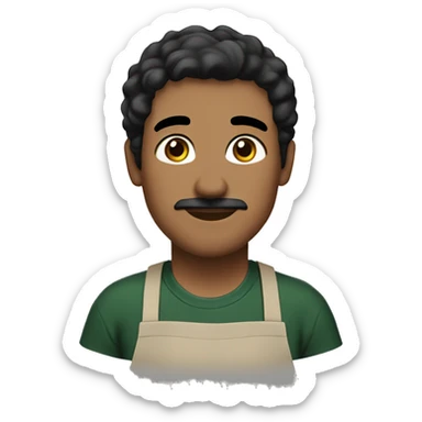 person with black hair side part, dark green apron, brown eyes, really short mustache sticker