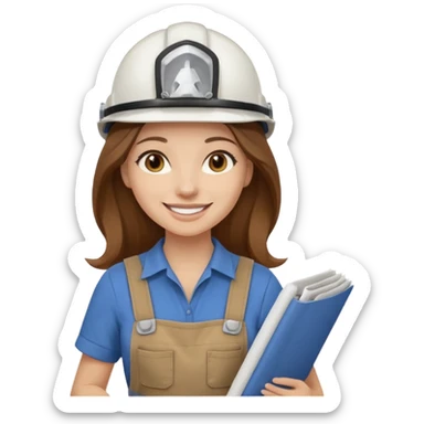 Waist-up female architect on a white background. Long brown hair with a middle part, brown eyes, long lashes, smiling with braces. White helmet with “BUT” in brown. Holding rolled-up blueprints. Outfit: brown jumpsuit over a white t-shirt. sticker