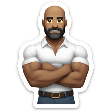 Muscular man flexing, bald, dark beard in a white shirt sticker