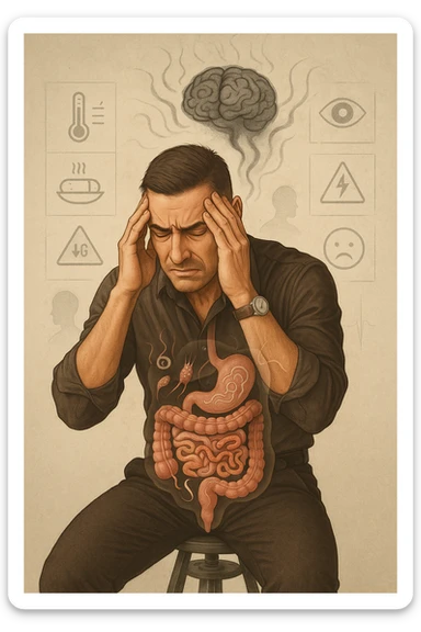 a person sits with a troubled expression, holding their head in their hands. A transparent overlay on their body reveals stylized images of parasites in the digestive tract, while faint, shadowy tendrils extend upward toward the brain, symbolizing the psychological impact. The background is clinical and educational, with subtle icons representing both physical and mental symptoms. sticker