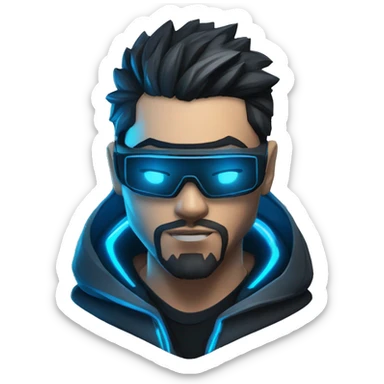 developer behind his laptop with this style : crysis Cyberpunk Riot Games Valorant neon glowing bright blue character blue black hooded assassin themed character sticker