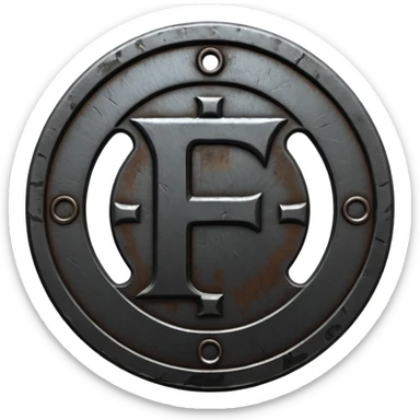 Minimal emoji, gothic metal coin made of black steel, engraved number f at the center, ancient industrial aesthetic, worn metal texture, no glow, no neon, flat emoji design, centered, transparent background sticker
