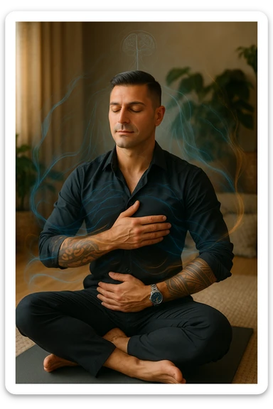 A highly realistic, cinematic portrait of a man in his early 30s with a calm, focused expression, sitting cross-legged on a yoga mat in a softly lit, peaceful room with warm, natural light. His eyes are gently closed as he practices slow, deep breathing, with one hand on his chest and the other on his abdomen, visibly rising and falling, symbolizing diaphragmatic breathing. Subtle blue and warm golden light waves gently swirl around him, visually representing the calming of anxiety, stress, and depressive thoughts. His posture is upright but relaxed, with relaxed shoulders and a slight serene smile on his lips, showing emotional relief and inner calm. The background has green plants and soft textures, evoking a peaceful and healing environment. The style is 35mm hyperrealistic photography with soft depth of field, focusing on his peaceful face and breathing posture, while faint overlays of nervous system diagrams and gentle energy waves hint at the healing power of conscious breathing on the mind and body sticker