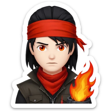 Vincent Valentine from Final Fantasy 7, close-up face, glowing red eyes, black hair, red bandana, fire in the background sticker