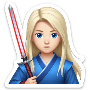 A 14 year old with red glowing katana and his hair be long and eye colour of blue with beautiful background sticker