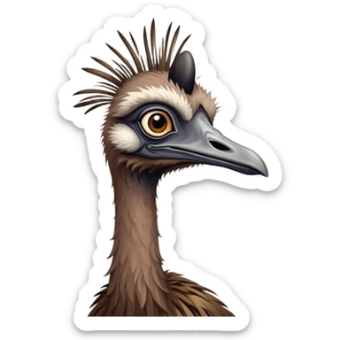 Cinematic Noble Emu Portrait Emoji, Poised and regal, with a tall, slender build and a shaggy, well-groomed fur of earthy brown feathers, a long elegant neck and deep-set soulful eyes, Simplified yet sharp and sophisticated features, highly detailed, glowing with a soft, dignified glow, high shine, intelligent and stately, stylized with an air of outback majesty, focused and attentive, soft glowing outline, capturing the essence of a watchful and confident bird, so majestic it feels as though it could stride out of the screen with effortless authority! sticker