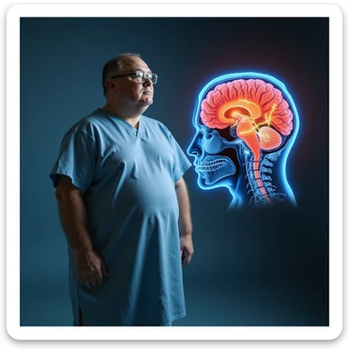 hyper-realistic medical CGI of an obese man in a hospital gown with a brain scan floating beside him showing inflamed hippocampus in red, shrunken prefrontal cortex, yellow lightning for glucose spikes, black amyloid plaques, constricted blood vessels, 4K clinical sticker