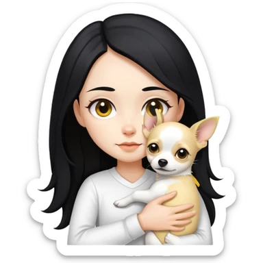 Fair skin girl - long black hair - white clothes - hugging a black, yellow and white Chihuahua sticker