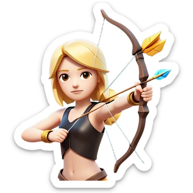 Clash of Clans aesthetic: Cinematic Playful Pixel 3D Bow & Arrow Portrait Emoji, rendered in a 3D vector-style similar to standard emojis with minimal shading and bold, simplified shapes. A compact, distinct form with signature details, softly glowing with a pixelated adventure charm. Simplified yet unmistakably iconic, highly detailed and consistent, glowing with a soft radiance and high shine. Stylized with a touch of classic pixel-art charm and a soft glowing outline, capturing the essence of a beloved gaming relic with a friendly, playful manner! sticker