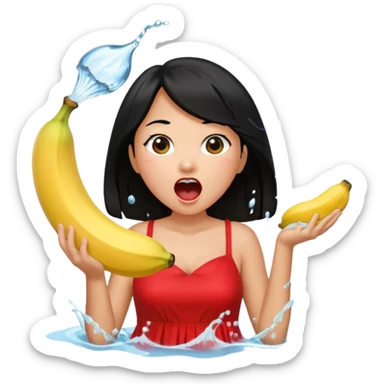 a banana splashing water in girl's mouth above her with black hair and red dress sticker