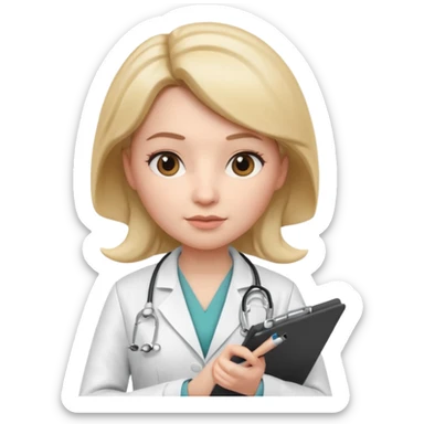 3D memoji female doctor holding clipboard and pen, slightly strict but kind facial expression, educational vibe, white medical coat, isolated PNG sticker