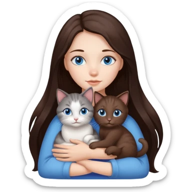 a pretty girl with long dark 
brown hair, with blue eyes, hugs 3 different natural coloured small cats sticker