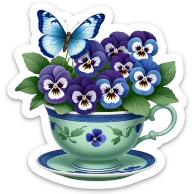 A cluster of blue and white pansies in an antique green porcelain cup, with a blue butterfly gently landing on a petal sticker