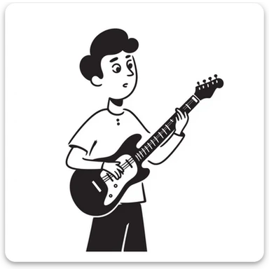 A musician holding a guitar, with a worried expression, looking up at the sky, concerned face, furrowed brow, waiting for an opportunity sticker