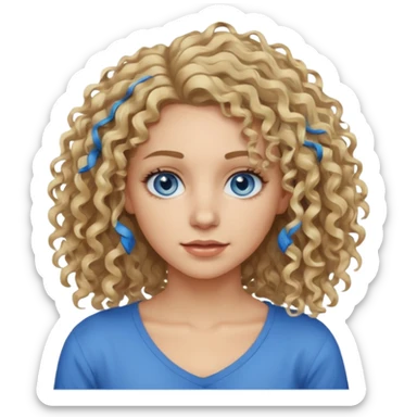 This is a 2D digital anime-style portrait of a female, caucasian, 29 years old light skin. The person has messy dirty blond curly hair shoulder long, round blue eyes.  sticker