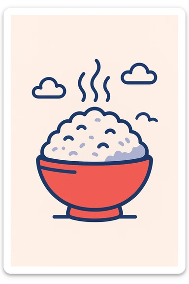 simple cartoon red bowl of rice with steam, flat design, minimal details sticker