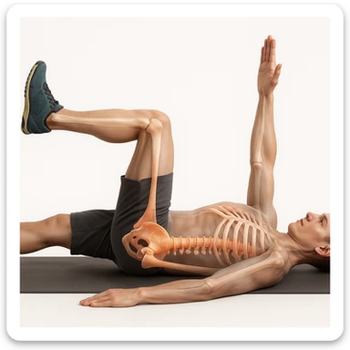 Anatomically hyperrealistic 4K depiction of a man lying on the ground in dead bug position, viewed from the side as in the reference. Highlight the pelvis and spine bones in 3D with realistic anatomical details, translucent muscles and skin to show the skeleton, medical atmosphere. Same pose and perspective as the reference. sticker