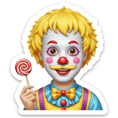 Funny clown — yellow wig, mustache, candy in hand sticker