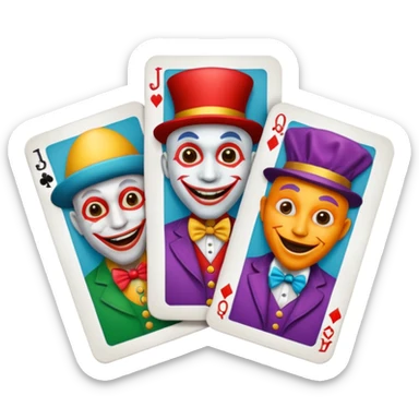 3 poker cards, with crazy colorful human jolly jokers inside, face only sticker