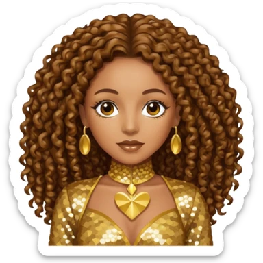 Melanie Brown with brown long curly hair, gold outfit sticker