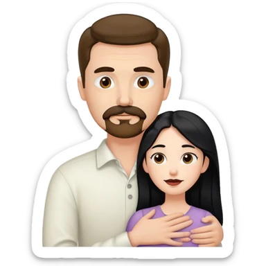 Tall white man with brown mustache and goatee hugging a short pale woman with long black hair sticker
