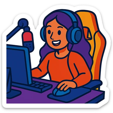 female streamer with headphones and a gaming chair sticker