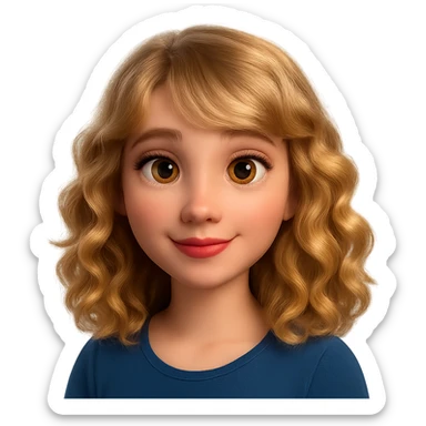 Redraw this character in a 3D Disney Pixar animation style with realistic lighting, soft textures, and expressive features. Keep the blonde curly hair, golden eyes, and red lips. Make it look like a Disney Pixar character with a transparent background. sticker