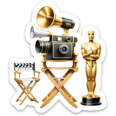 Icon for Directing: a director's chair, a large film camera, a megaphone, a stage set with lights and an Oscar statuette. The icon should represent the creative and leadership aspects of directing, with focus on film and theater production. Transparent background. sticker
